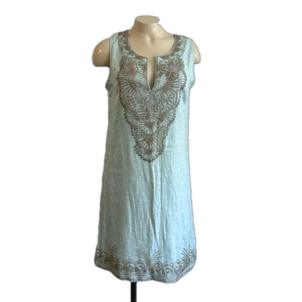 Bella Tu Jeanne D’ Gopi Vaid Linen Beaded Dress 6 Mint Blue Sleeveless India